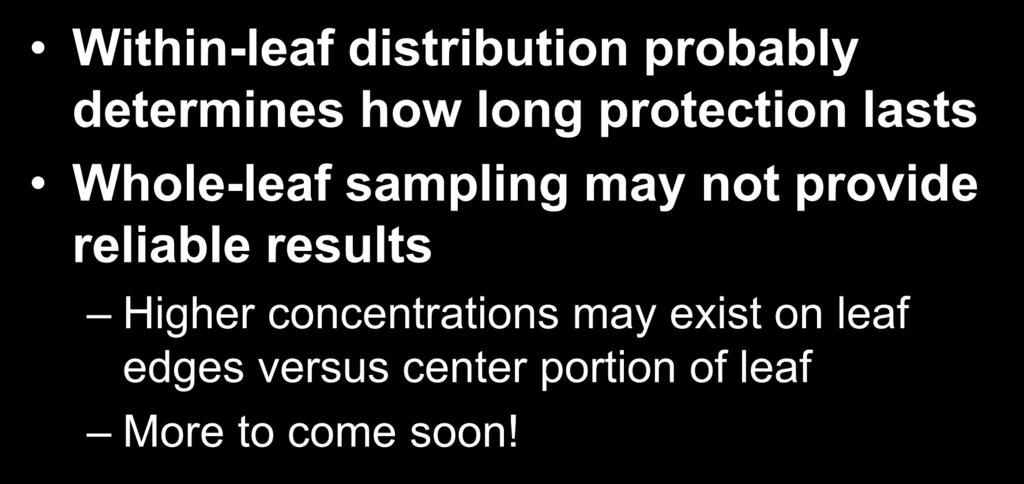 Re-examine leaf sampling methods Within-leaf distribution probably determines how long protection lasts Whole-leaf sampling