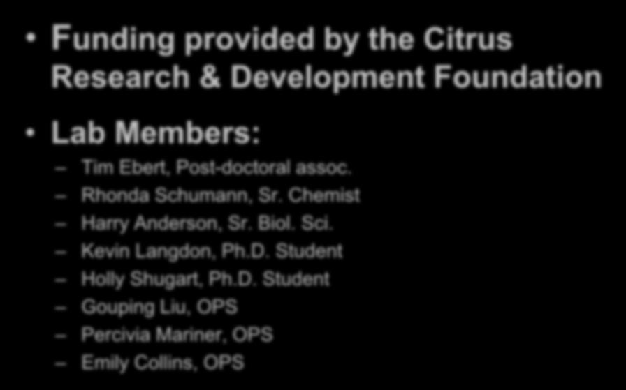 Acknowledgements Funding provided by the Citrus Research & Development