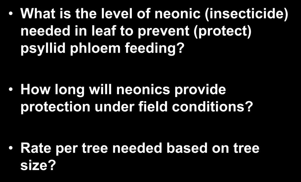 Research Objectives What is the level of neonic (insecticide) needed in leaf to prevent (protect) psyllid phloem