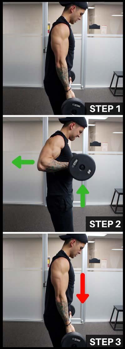 EXERCISE TUTORIALS EXERCISE 7: DRAG CURLS Muscles Worked: Biceps Brachii (Long Head) Step 1: Grab a weighted bar with a shoulder-width grip and let it hang in front of your body.