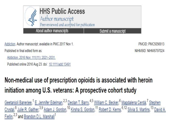 Heroin Initiation: US Veterans Receipt of a short-term opioid prescription was independently associated with an
