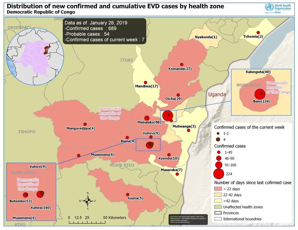 Figure 1: Geographical distribution of confirmed and probable Ebola virus disease cases in North Kivu and Ituri