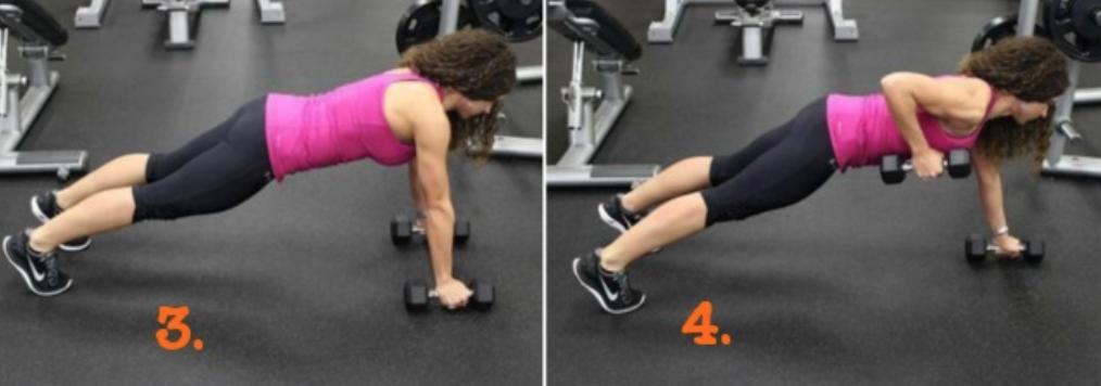 Brace your abs, squeeze your glutes, and row one dumbbell up toward your chest, while the other dumbbell stays on the ground.