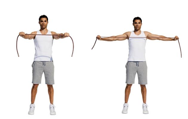 Band Pulls Hold a resistance band with your arms straight out in front of you. Your hands should be about shoulder width apart.