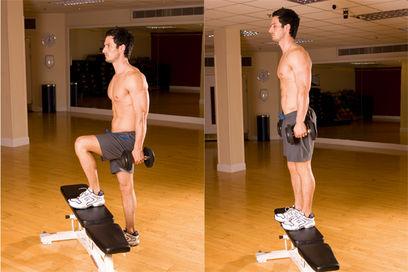 Dumbbell Step Up For this exercise, you ll need a sturdy box, bench, or chair that can support your weight. Hold a dumbbell in each hand.