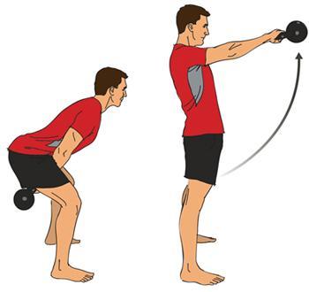 Kettlebell Swings Stand up tall with your feet wider than shoulder- width apart. Hold a single Kettlebell or dumbbell with both hands in front of your body, with your arms straight.