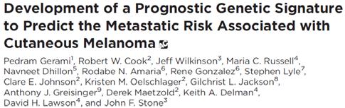 Assessing disease progression in stage 1 and 2 melanoma: Assessed published genomic analyses to develop prognostic genetic signature: Genes were selected based on