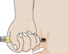 This will help prevent you from placing your thumb over the black 'active' end. B) Place black tip against outer mid-thigh of the child. (Note; there is no need to 'swing and jab').
