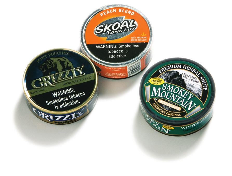 SMOKELESS SNUS Flavored ground tobacco packaged in pouches, held between the lip and gum. No spitting required. Often used where smoking is not permitted. Packaged in brightly colored tins.