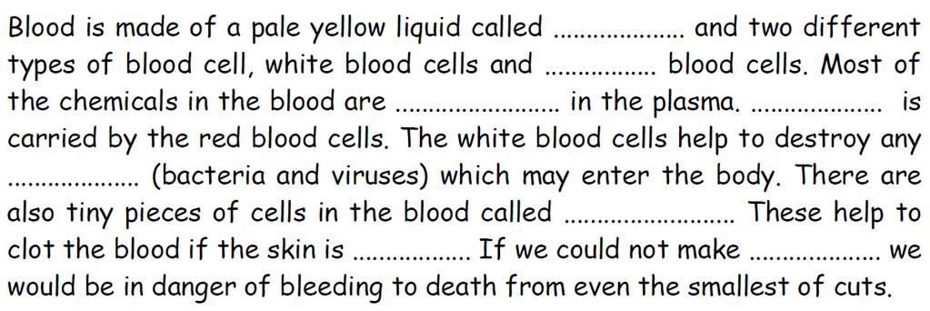 L1. The blood activities Task 1: fill in the missing words in the passage below, use the word bank to help you Words bank: plasma, cut