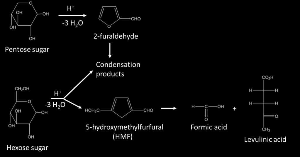 Successive degradation of these furans can produce levulinic and formic acids, as well as condensation products (Figure 2.13) [36]. Figure 2.13 Sequential degradation of pentose and hexose sugars.