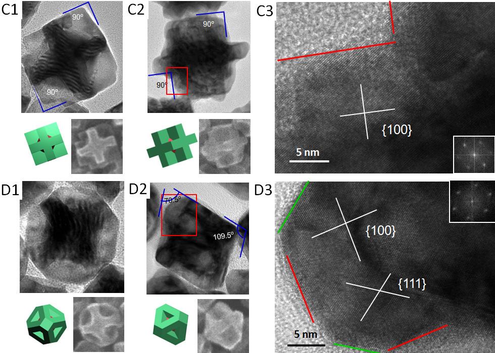 Column 1 and 2 are TEM images of the HMNCs viewed from the <100> and <110> directions respectively. The characteristic projection angles of an octahedron (90 in <100> direction; 109.5 and 70.