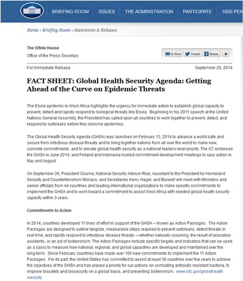Global Health Security Agenda (GHSA) Excerpt from White House Press release This includes the