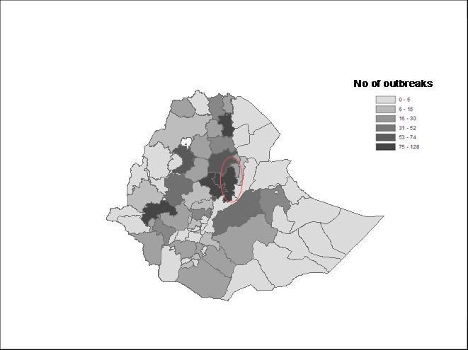 The Global control of FMD - Tools, ideas and ideals Erice, Italy 14-17 October 2008 Figure 1: Map showing No FMD outbreaks recorded in different part of Ethiopia (1999-06). 3.