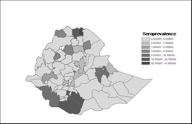 7%), but from Gambella and Benshagul FMD virus specific antibody was not detected. In zonal administration level the highest sero-positivity was obtained from Eastern zone of Tigray with 41.