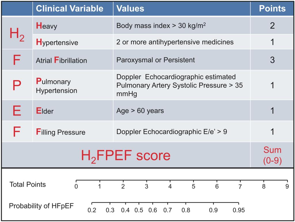 The H2FPEF score Odds of HFpEF doubled every 1-unit (OR 1.98; 95%CI, 1.73 2.30). AUC 0.841 (95%CI, 0.