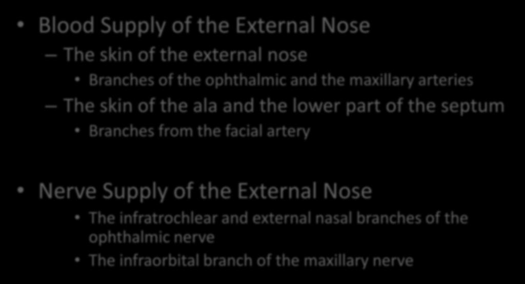 Blood and Nerve Supplies of the External Nose Blood Supply of the External Nose The skin of the external nose Branches of the ophthalmic and the maxillary arteries The skin of the ala and the lower