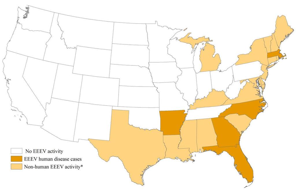 Eastern equine encephalitis virus (EEEV) activity in 2013 As of January 7 th, a total of 142 counties in 22 states have reported EEEV activity in 2013, including five states with human disease cases
