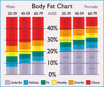 Body Fat Men 11-20% Women 17-30% Low body fat can lead to: infertility