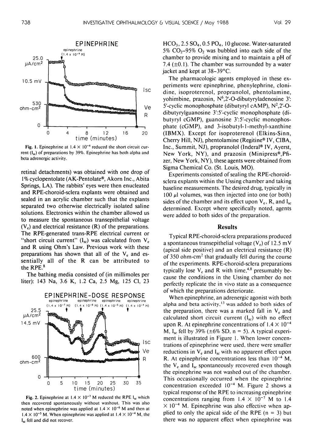 738 INVESTIGATIVE OPHTHALMOLOGY b VISUAL SCIENCE / May 1988 Vol. 29 25.0 10.5 mv - 530., EPINEPHRINE Fig. 1. Epinephrine at 1.4 X 10 4 reduced the short circuit current (Isc) of preparations by 39%.