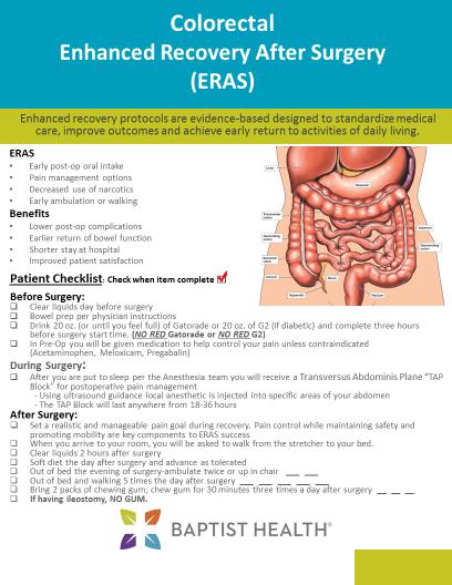 BHLex Colorectal ERAS Protocol Preoperative Patient/Family Education: PAT and office, ERAS brochure & educational flyer/checklist Prehabilitation Carbohydrate loading and elimination of NPO - Bowel