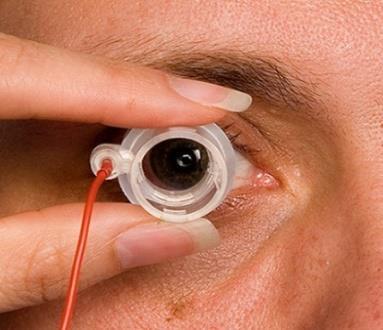 Charged drug product (in applicator) D. Active product propelled into the eye E.