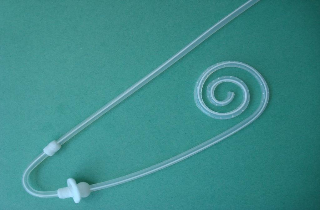 Swan Neck Missouri Bead and flange combination at the deep cuff strengthens the anchorage of the catheter into the abdominal wall.