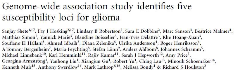 Meta-analysis of 2 GWAS studies Illumina 550K SNPs 1,878 cases 3,670 controls Replication: 2,545 cases 2,953 controls 5 SNPs risk