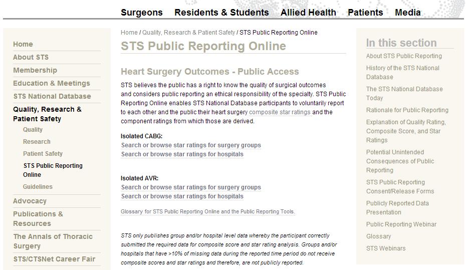 Public Reporting Initiatives 1. STS Public Reporting Online www.sts.org/publicreporting 2. STS collaboration with Consumer Reports www.consumerreports.
