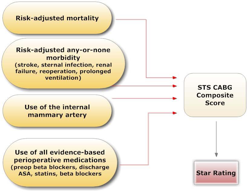 STS CABG Composite Score To assess overall quality, 11 NQF endorsed measures were grouped into the following 4 domains: 1. Absence of operative mortality; 2. Absence of major morbidity; 3.