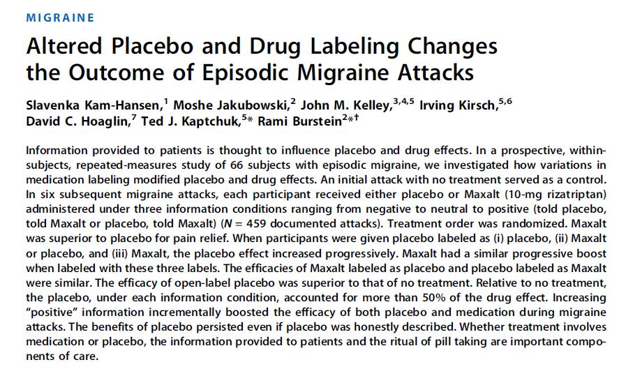 Treatment of migraine attacks and placebo How does expectation affect the treatment outcome?