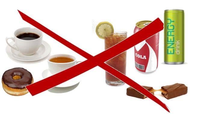 WHAT NOT TO EAT OR DRINK On the day of your study your doctor will probably tell you not to eat any foods or drinks with caffeine. That s because caffeine can make it hard for you to sleep.