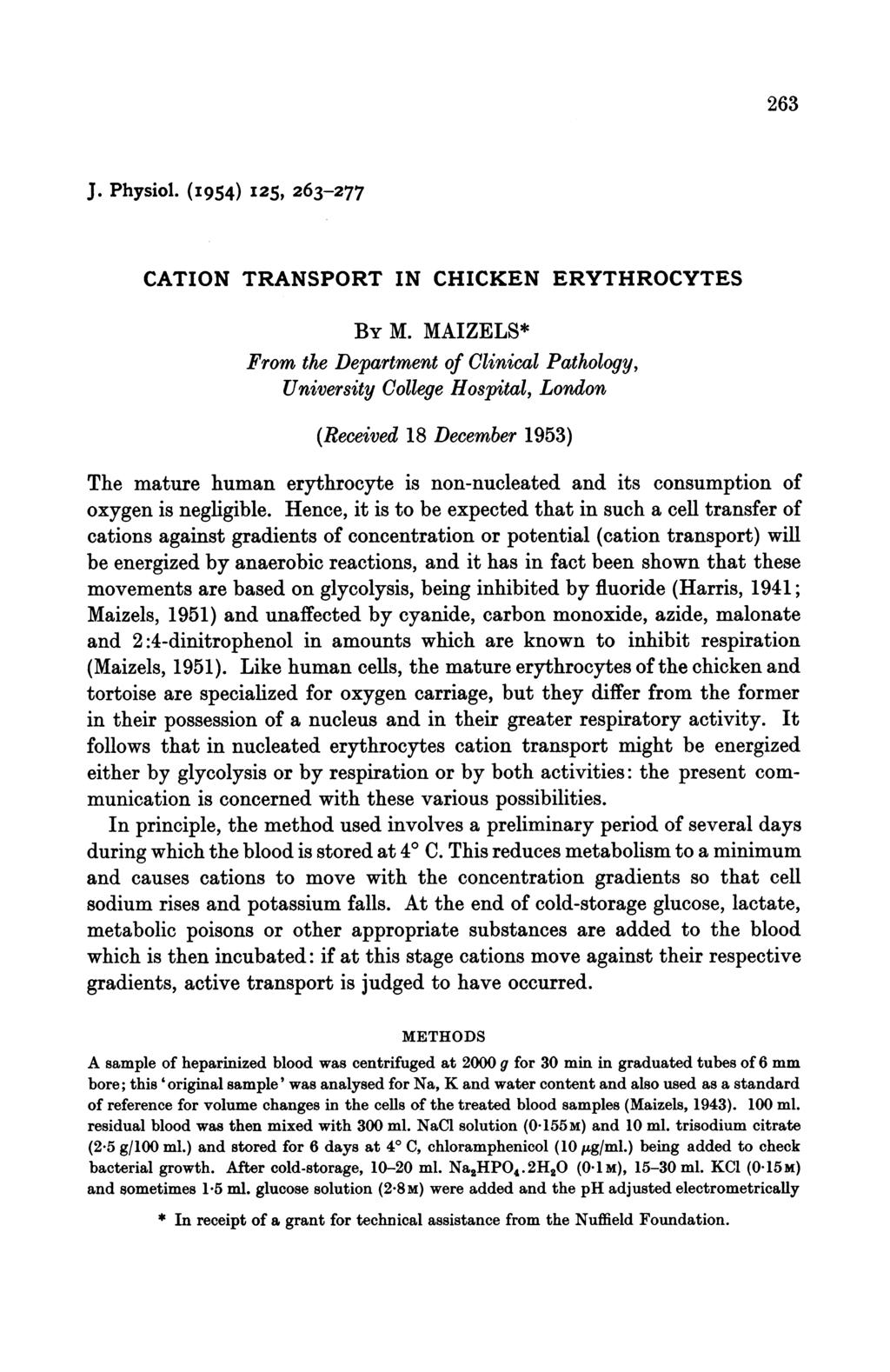 263 J. Physiol. (I954) 125, 263-277 CATION TRANSPORT IN CHICKEN ERYTHROCYTES BY M.