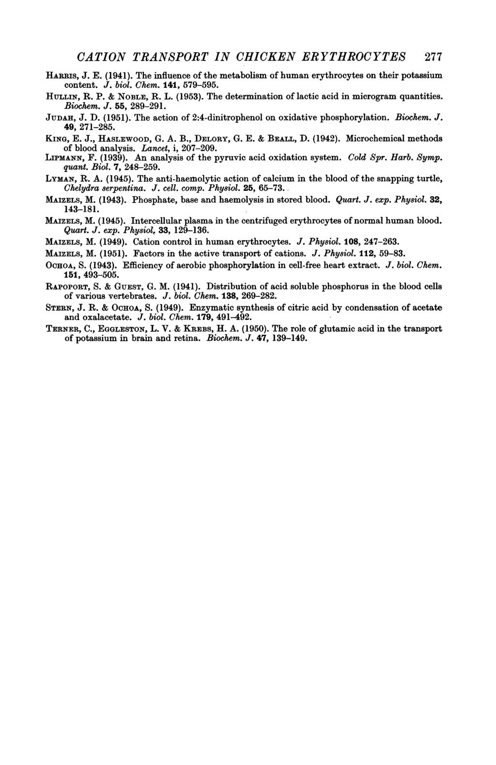 CATION TRANSPORT IN CHICKEN ERYTHROCYTES 277 HARaIS, J. E. (1941). The influence of the metabolism of human erythrocytes on their potassium content. J. biol. Chem. 141, 579-595. HuLLiN, R. P.