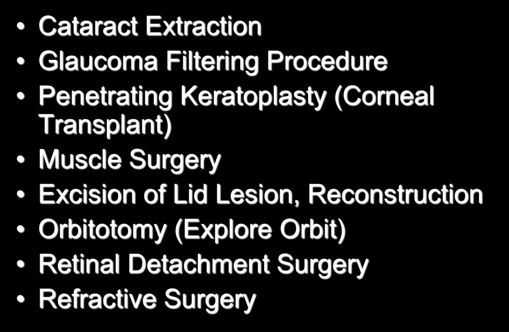 Selected Surgical Treatments Cataract Extraction Glaucoma Filtering Procedure Penetrating Keratoplasty (Corneal Transplant)