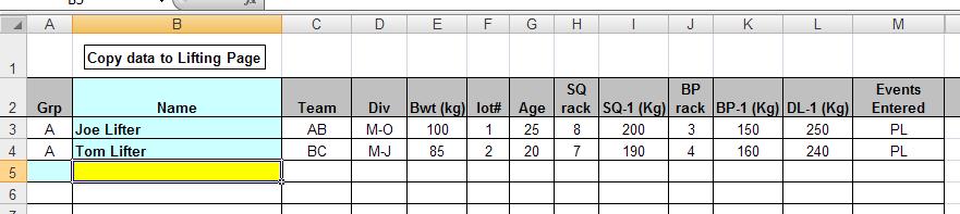3) On the Weigh-In page, you will enter the data from the lifter scorecards after the weighin. Much of this can be entered beforehand to save time, like Name, Team (optional), Division, Event entered.
