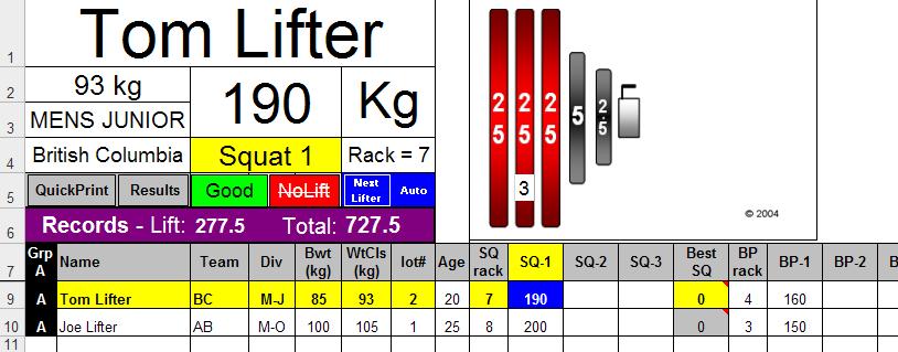 Part Two, Contest Operation 1) On the Lifting sheet, you may need to select the Grp A in the first column and Squat 1 (from their drop-downs) to get the correct first lifter (lightest opener) to
