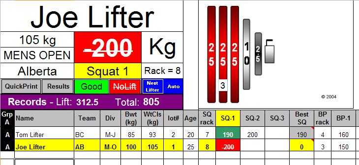 2) The Active lifter will display at the top with their weight class and age group showing, rack height, province, and the lift and total records for that lifters group.