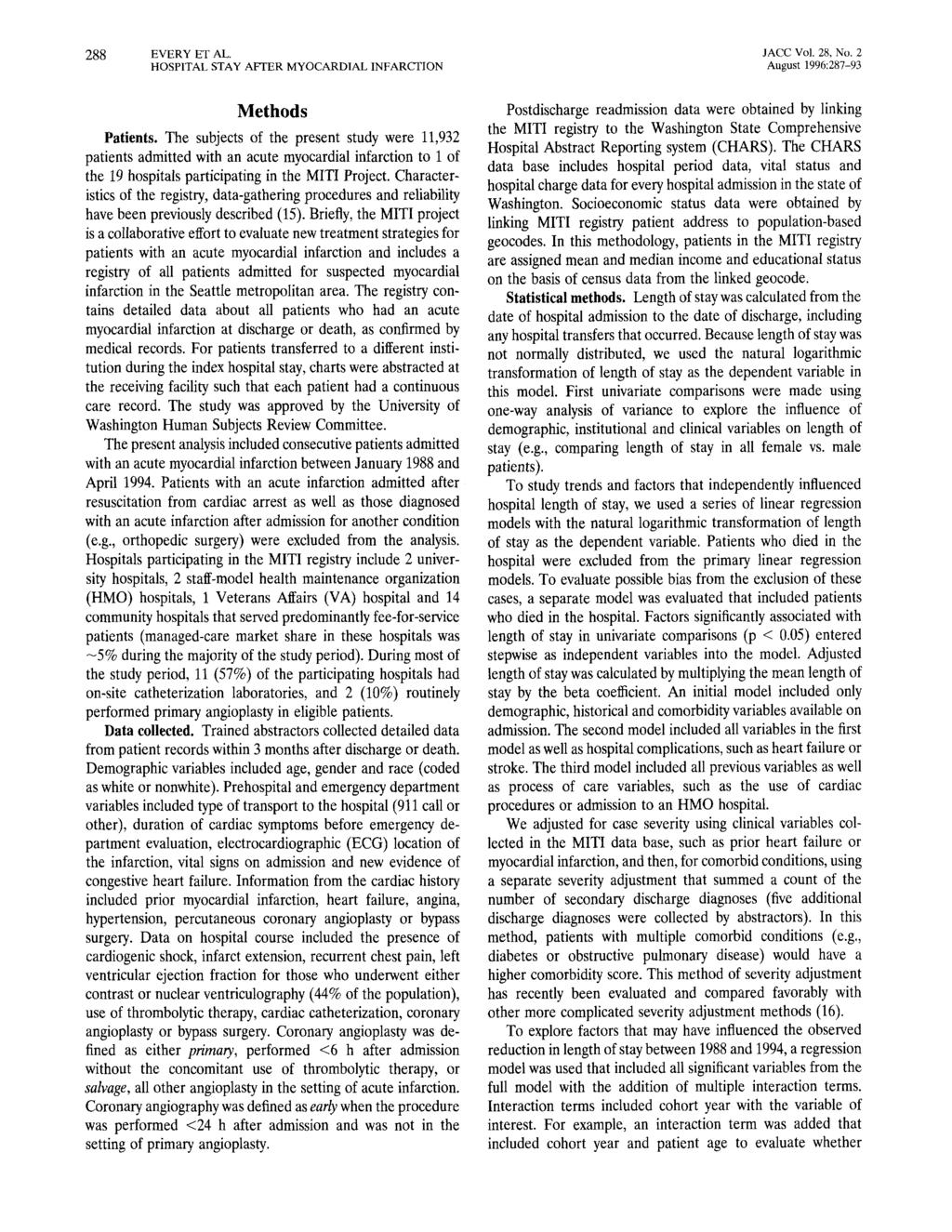 288 EVERY ET AL. JACC Vol. 28, No. 2 HOSPITAL STAY AFTER MYOCARDIAL INFARCTION Methods Patents.