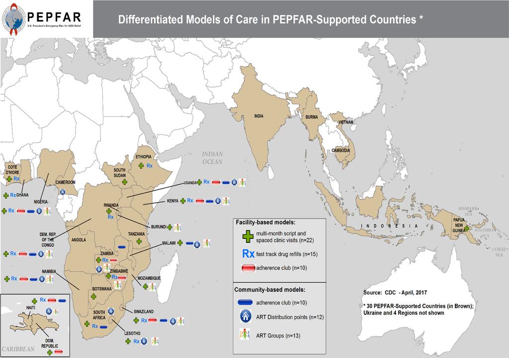 As of April 2017, 24/31 PEPFAR-supported countries where CDC provides TA
