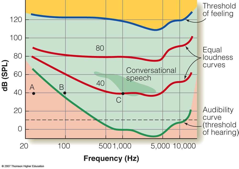 Range of Hearing Equal loudness curves - determined by using a standard 1,000 Hz tone Almost equal