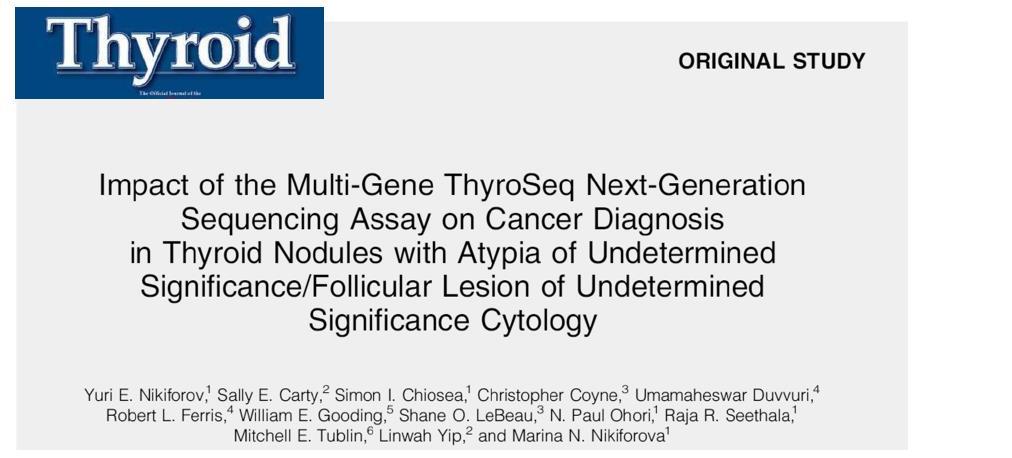 Multi- Gene Thyroseq Next Generation Sequencing Assay Cytologi cal Dx AUS/ FLUS n Sensitiv ity Specifici