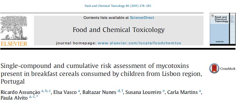 Daily exposure of children to ochratoxin A, fumonisins and trichothecenes showed no health risks to the children population considering individual mycotoxins.