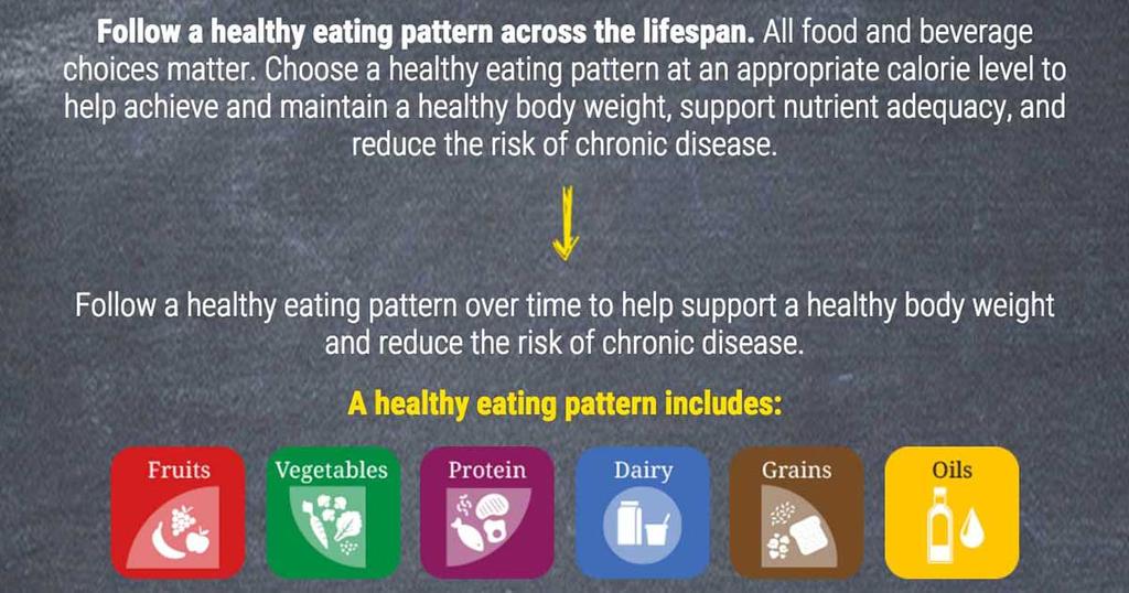 2015-2020 Dietary Guidelines for Americans at a Glance The 2015-2020 Dietary Guidelines focuses on the big picture with recommendations to help Americans make choices that add up to