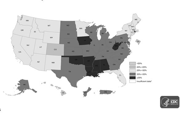 Prevalence of Self-Reported Obesity Among U.S. Adults by State and Territory, BRFSS, 2017 Prevalence estimates reflect BRFSS methodological changes started in 2011.