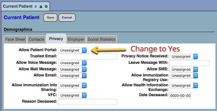 In the first section Allow Patient Portal, change from Unassigned to Yes.