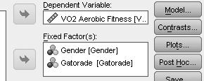 UNIANOVA VO2 BY Gender Gatorade /METHOD=SSTYPE(3) /INTERCEPT=INCLUDE /PLOT=PROFILE(Gatorade*Gender) /EMMEANS=TABLES(OVERALL) Method 1 for Simple Effects /EMMEANS=TABLES(Gender) COMPARE ADJ(SIDAK)