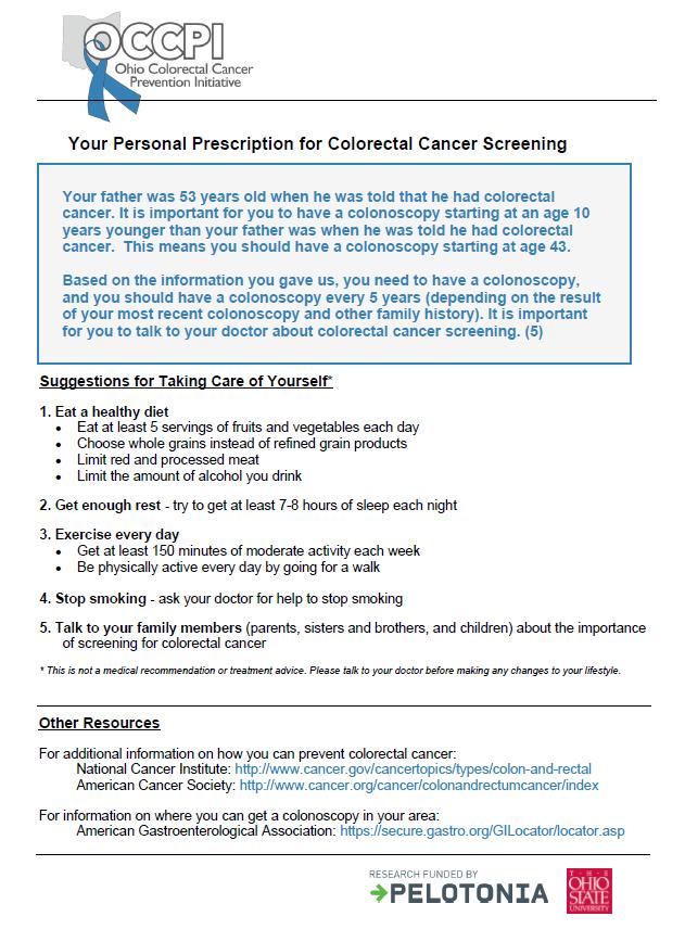 Prescription Tailored CRC screening message: For CRC survivors: - Pre-operative colonoscopy completion - Type of