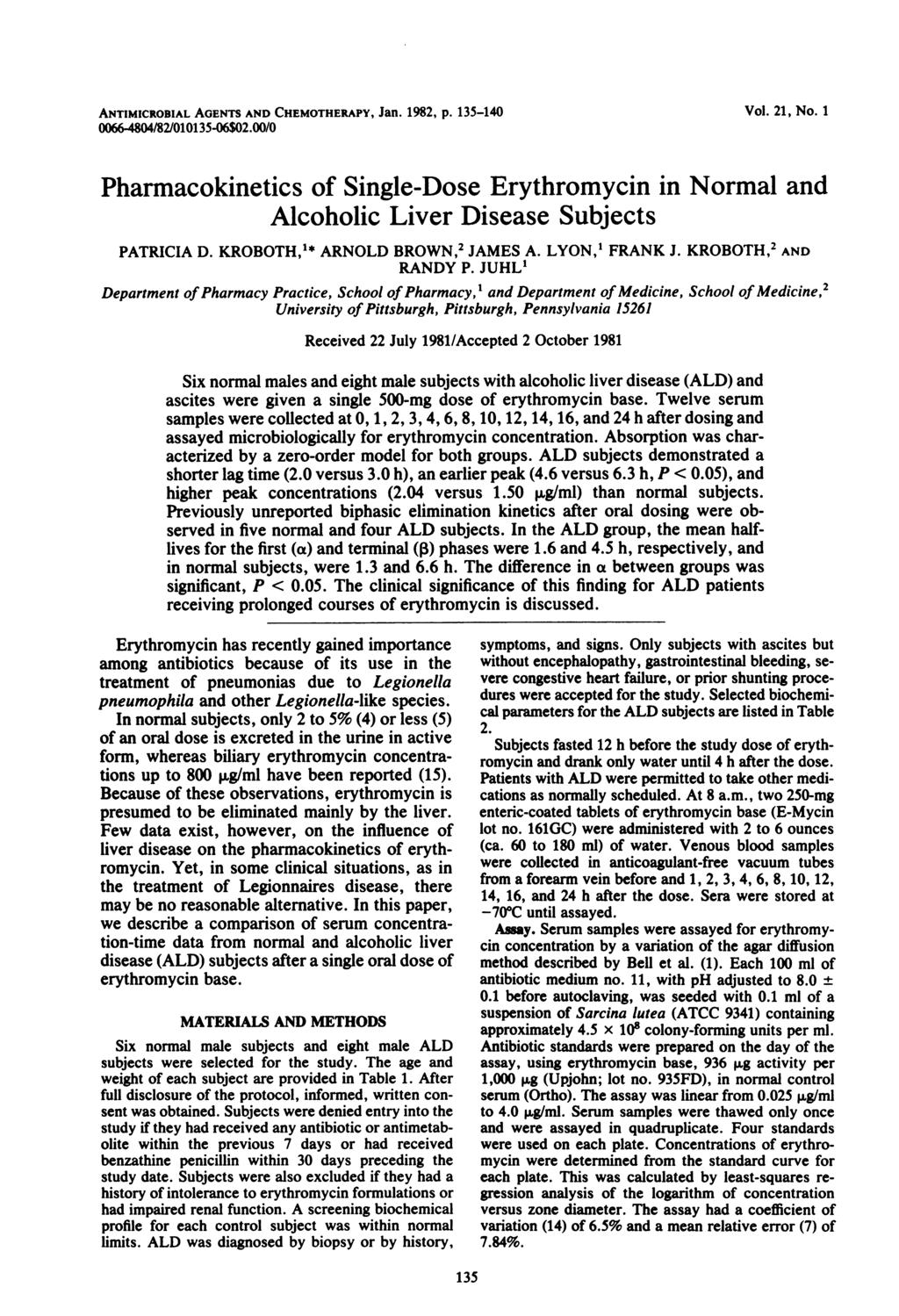 ANTIMICROBIAL AGENTS AND CHEMOTHERAPY, Jan. 1982, p. 135-140 Vol. 21, No. 1 0066-4804/82/010135-06$02.