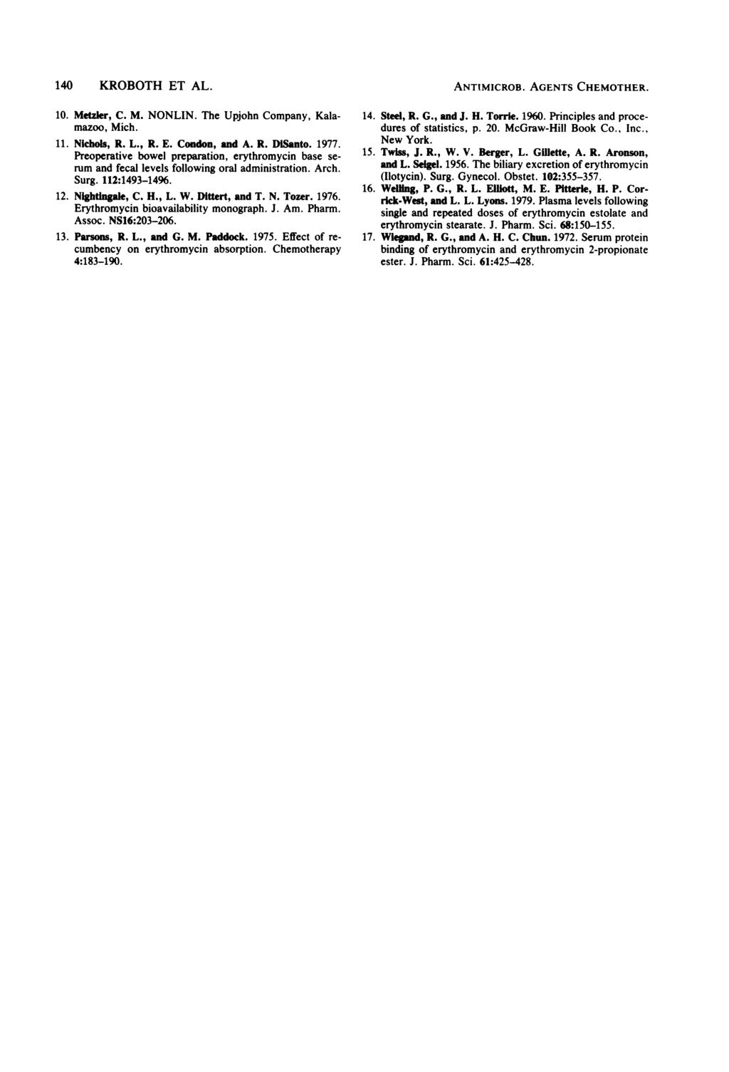 140 KROBOTH ET AL. 10. Metzler, C. M. NONLIN. The Upjohn Company, Kalamazoo, Mich. 11. Nichols, R. L., R. E. Condon, and A. R. DiSanto. 1977.